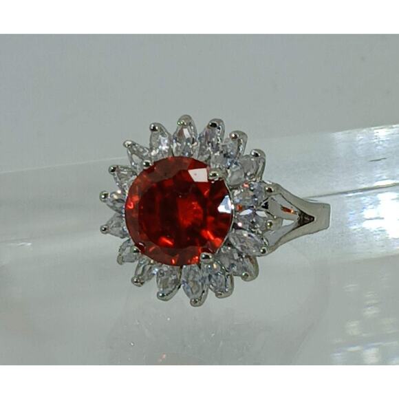 Vintage Ring Size 6.5 Silver Tone White Gold GP Orange CZ Cluster Cocktail NOS - Picture 4 of 9
